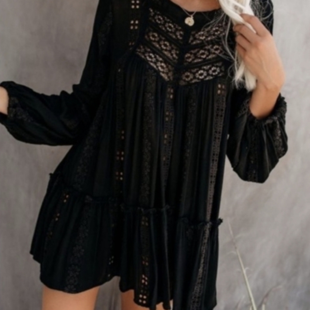 Free People Black Lace-Trim Mini Dress with Eyelet Detail